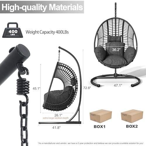 Hanging Egg Chair with Stand - Egg Swing Chair Outdoor Indoor Patio Wicker Chair Swing Hammock Egg Chairs 400lbs Capacity for Outside Patio, Bedroom, Garden and Balcony（Black, 1PC）