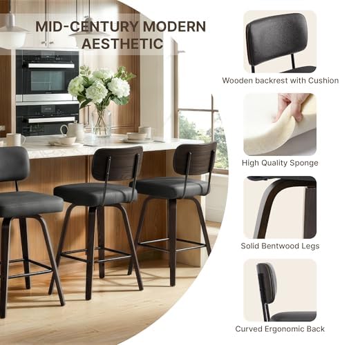 Swivel Bar Stools Set of 2, 26" Counter Height with Wooden Back, Black