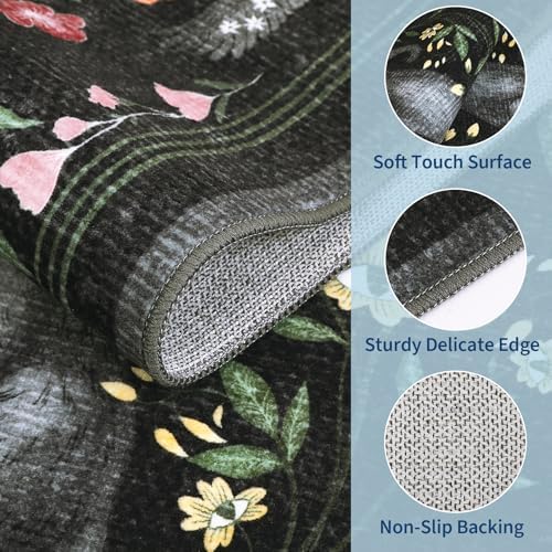 GarveeHome 5x7 Cat Area Rug Black Washable Rugs for Living Room Bedroom, Soft Mushroom Floral Low Pile Non Slip Floor Mat Animal Print Throw Rug Indoor Carpet for Dorm Playroom Gothic Decor