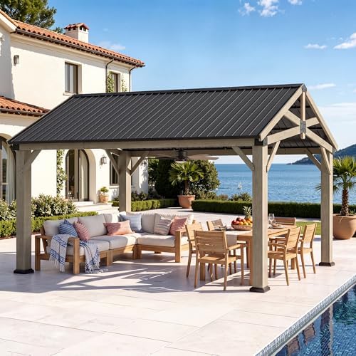Aoxun 12' x 16' Wood Gazebo with Galvanized Steel Gable Roof, Gray
