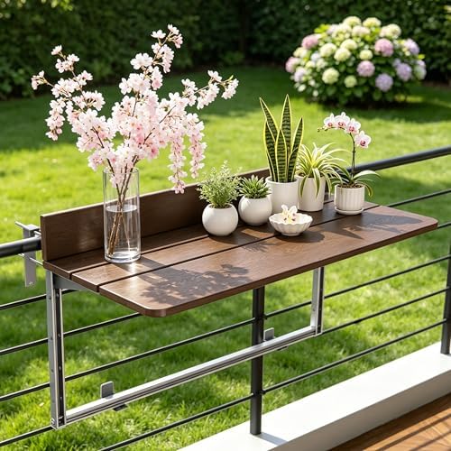 Foldable Balcony Bar Table for Railings, Folding Hanging Deck Rail Table for Small Apartment Patio,Outdoor Garden, 5-Level Adjustable Height, Rustproof,Weather Resistant, Easy Assembly