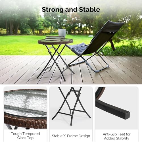 VINGLI 19in Modern Brown Rattan Folding Glass Outdoor Side Table, Small Patio Table with Tempered Glass Top,Round,1 Pack