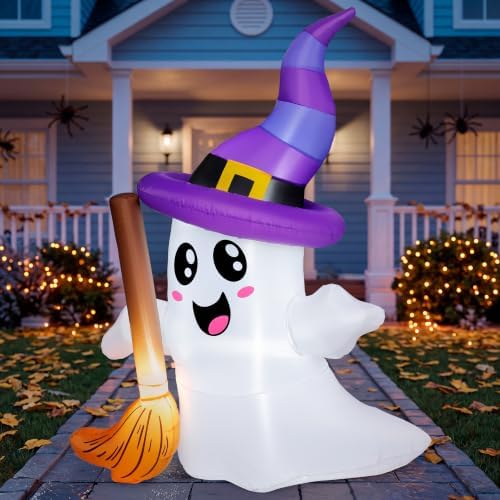 JOYIN Halloween Inflatables Ghost Outdoor Decorations, Cute Blow Up Ghost Holding Broom with LED, Blow Up Yard Decorations for Halloween Outdoor Yard Garden Lawn Party Decor