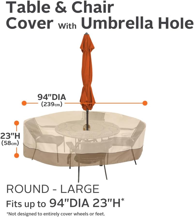 Classic Accessories Veranda Water-Resistant 94 Inch Round Patio Table & Chair Set Cover with Umbrella Hole, Outdoor Table Cover