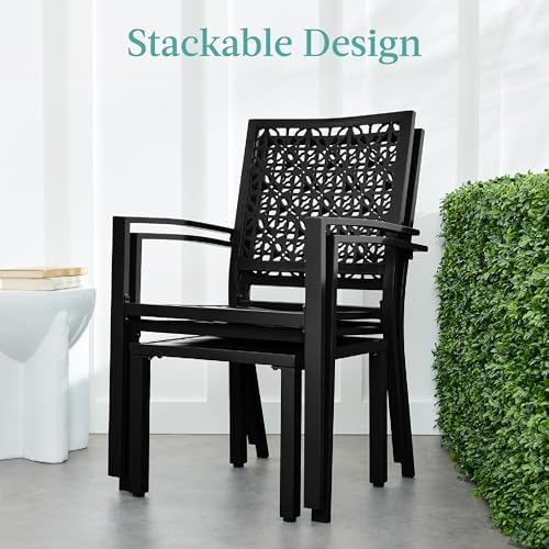 Best Choice Products 3-Piece Outdoor Bistro Set, Stackable Modern Steel Furniture for Porch, Garden w/ 2 Chairs, Table, Geometric Decor - Black