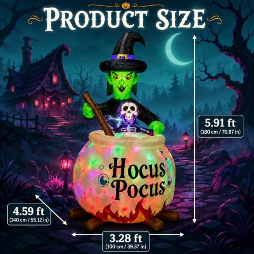 6 FT Halloween Inflatable Witch and Cauldron with RGB Lighted Halloween Blow Ups Outdoor Decorations for Yard, Lawn, Garden, Porch and Party