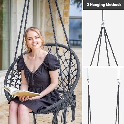 SUNCREAT Hammock Chair Hanging Macrame Swing with Hardware Kits, Grey