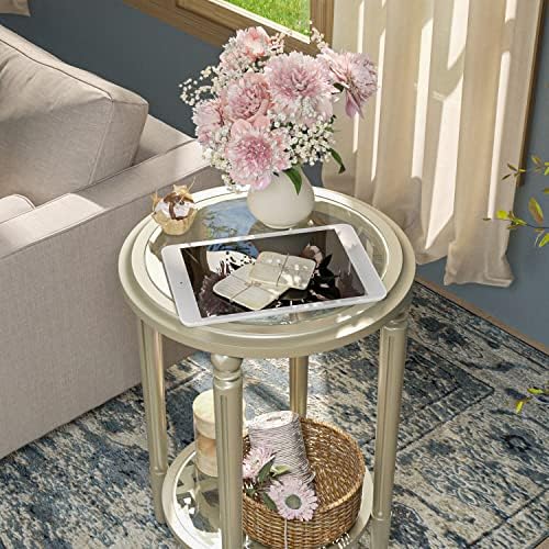 SUNBURY Set of 2 Modern End Tables with Tempered Glass Tops & Glass Lower Shelves, MDF Nightstands for Living Room, Bedroom, Dining Room (Champagne)