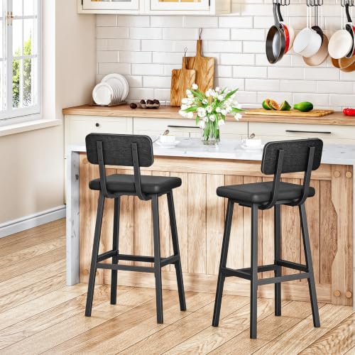 HOOBRO Black Bar Stools, Set of 2 PU Upholstered Tall Bar Stools, Kitchen Breakfast Stools with Footrests, Bar Chairs, for Kitchen, Dining Room, Bar, Cafe, Black BB84BY01G2