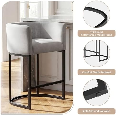 GRUSIGN Chenille Counter Height Bar Stools Set of 2, 26" Kitchen Island Stools with Arms & Footrest, Upholstered Barrel Back Bar Chairs for Kitchen, Dining Room, Bar & Lounge Area, Grey