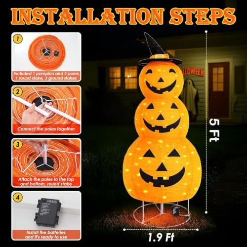Halloween Pumpkin Decorations, Battery Operated Pre-Lit Collapsible Jack-o-Lantern with 100 LED & 8 Modes, Pop Up Pumpkin Decor for Indoor Outdoor Yard, Party, Halloween Fall Holiday