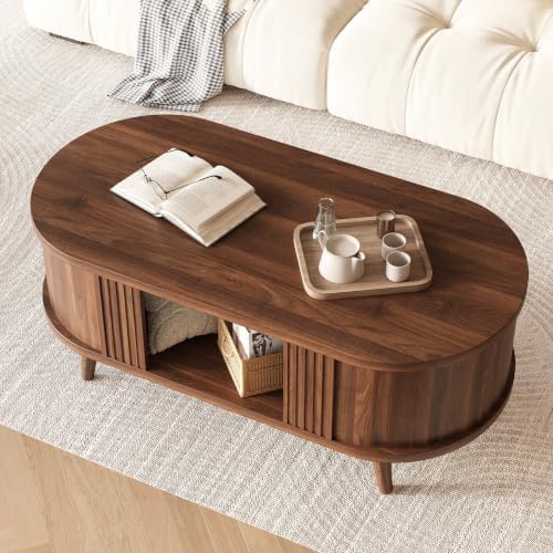 47.2" Oval Fluted Coffee Table with Storage, Fluted Mid-Century, Walnut