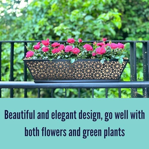 LaLaGreen Window Planter Boxes Outdoor (24 Inch, 4 Pack) Large Fence Hanging Planters Outdoor Plants, Metal Deck Railing Flower Box with Coco Liner, Modern Horse Troughs Balcony Pots Patio Porch Rail