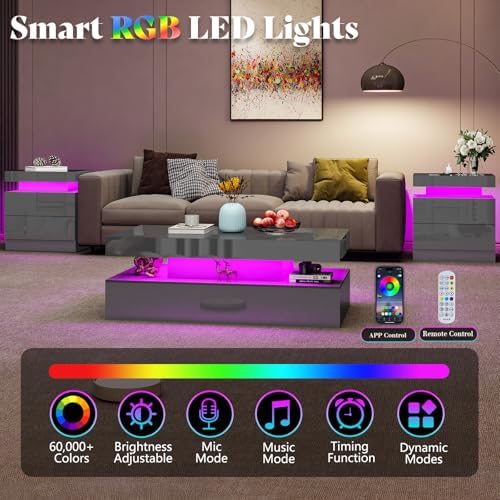 AMERLIFE 3-Piece High Gloss Coffee Table Set with LED Lights