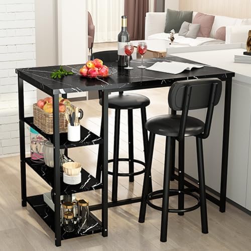 Recaceik Pub Dining Table Set for 2, Table and Bar Stools with 3 Storage Shelves, MDF Board & PU Leather Backrest Chairs, 3 Piece Dining Set for Small Space, Apartment, Kitchen Island, Black