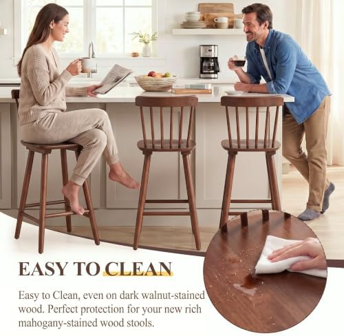 Windsor Bar Stools Set of 2, 26 Inch Counter Height Barstools Wooden Barstools with Spindle Back/Bigger Seat for Kitchen Island/Breakfast Bar/Home Pub, Walnut