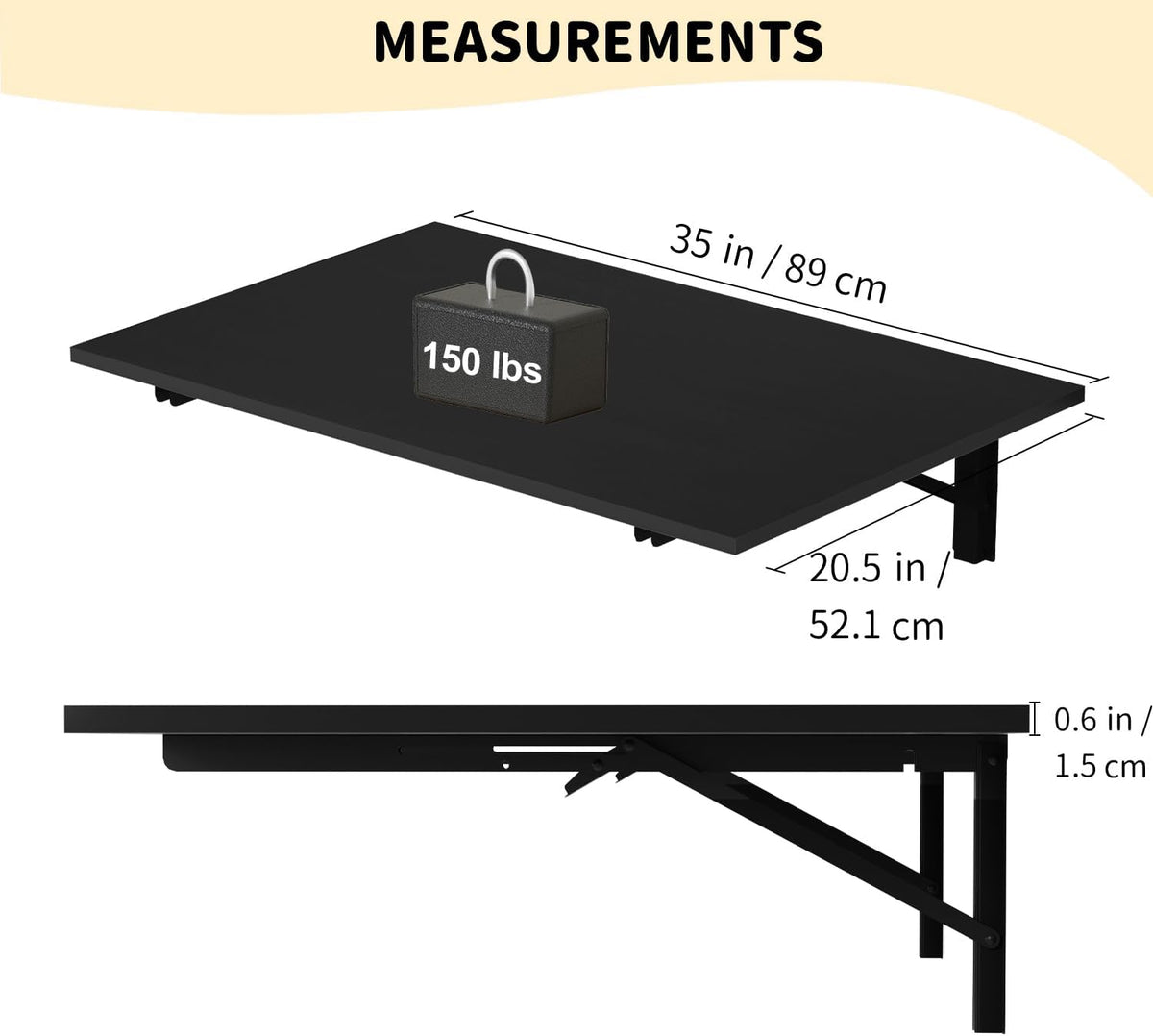 GOYLSER Wall Mounted Desk Folding Table Laundry Fold Table, Fold Down Work Bench, Foldable Mount Station for Floating Bar, Office, Dining Room, Kitchen, Black, 35" x 20.5"