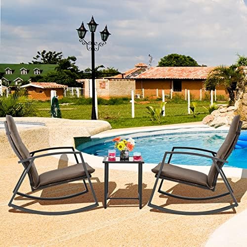 Tangkula 3 Pieces Patio Rocking Bistro Set, PE Rattan Rocking Chairs with Tempered Glass Side Table, Outdoor Wicker Conversation Set with Zippered Cushion for Patio, Garden, Poolside (Mix Brown)
