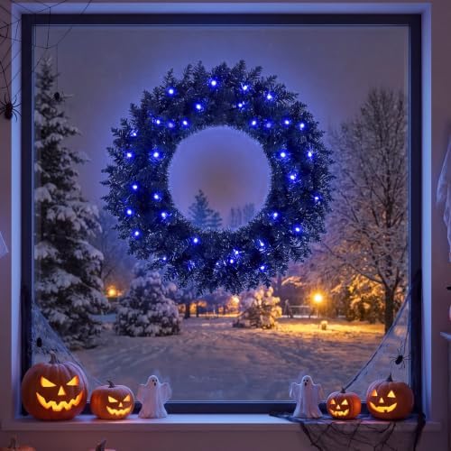 Goplus 24" Black Christmas Wreath with 35 Purple LED Lights, for Halloween
