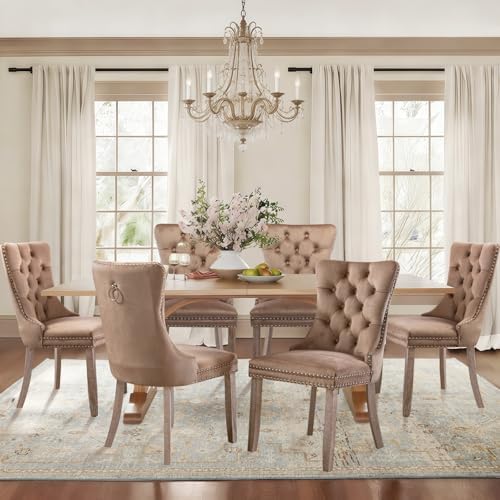 SoarFlash Velvet Dining Chairs Set of 2, Tall Back Side Chair, Modern Upholstered High-end Tufted Side Chair with Button Back Ring, Solid Wood Legs (Khaki)