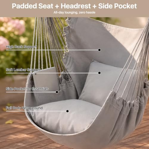 Athena Collection Hammock Chair Hanging Rope Swing, Gray