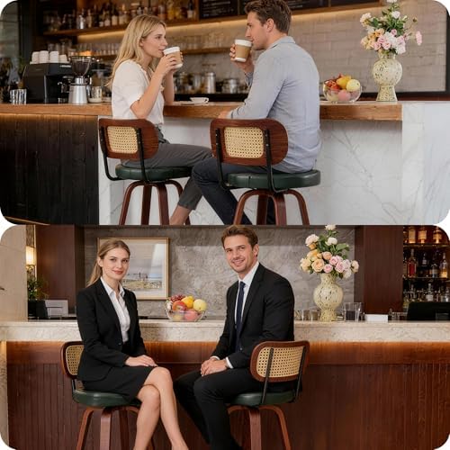 KEEZY Natural Rattan Bar Stools Set of 2, 26 Inch Counter Height Barstools with Backs, PU Leather Seat, 360° Swivel, Wood Legs, Mid-Century Modern Bar Chairs for Kitchen Island, Home Bar(Dark Green)
