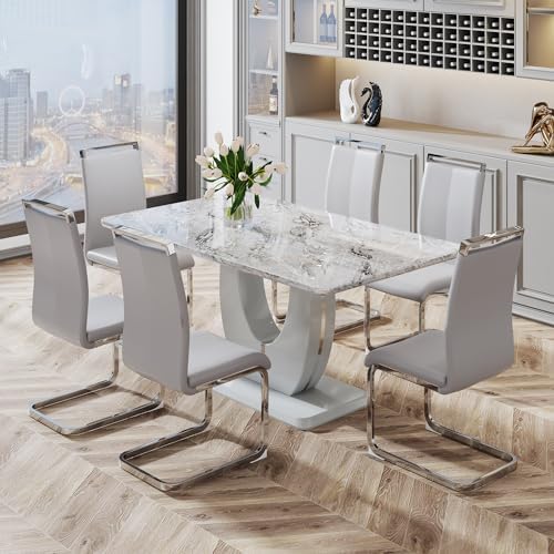 JUFU 7 Piece Dining Table Set for 6, 63 Inch Faux Marble Rectangular Kitchen Table and Chairs Set, Modern Dining Room Table Set with U-Shaped Pedestal Base & 6 Light Gray PU Leather Cantilever Chairs