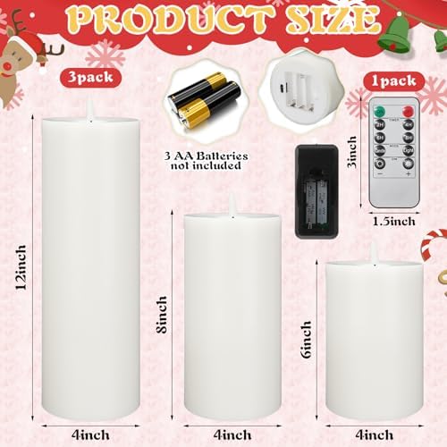 Retisee 3 Pcs White 6/8/12 Icnhes Flameless LED Candles with Remote and 2/4/8h Timer Battery Operated Wax Flickering Candles for Wedding, Christmas, Church, Chapel, Memorial and Meditation Decor