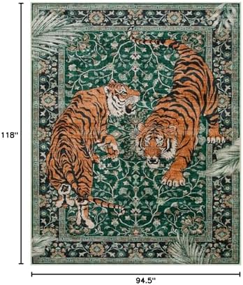 Moynesa Tiger Washable Rugs, 8x10 Area Rugs for Living Room, Soft Large Vintage 8x10 Bedroom Green Rug, Botanical Non Slip Ultra Thin Floor Carpet for Dining Room Home Office