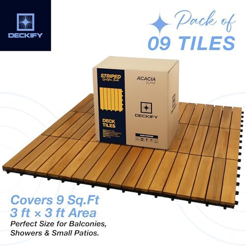 Acacia Interlocking Deck Tiles Outdoor Waterproof, Golden Teak Striped