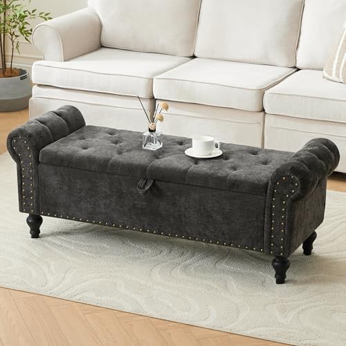 51" Storage Bench for Bedroom, Upholstered Ottoman Bench, Chenille DarkGray