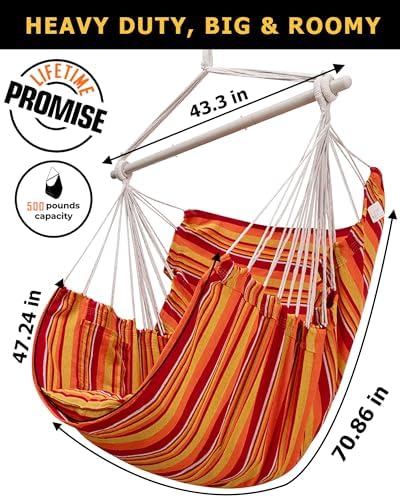 ADVOKAIR Hammock Chair Hanging Chair Rope Swing XXL - Max 500lbs, 70in Large Hammock Swing Chair -Portable Steel Spreader Bar with Anti-Slip Rings-Roomy & Strong