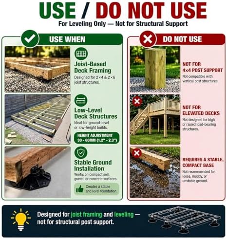Deckit 24-Pack Adjustable Deck Support Pedestals, 1.18"–2.36" (30–60 mm), for 2×4 & 2×6 Joist Framing, Ground Support & Leveling for Patio, Shed Base & Floating Deck，Includes Screws。