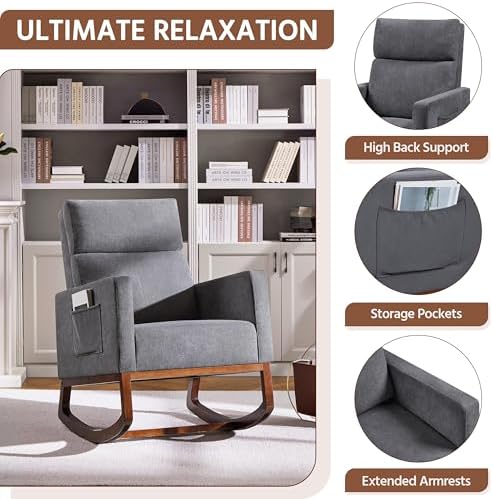Yaheetech 28in Wide Padded High Back Glider Rocking Chair, Gray Polyester