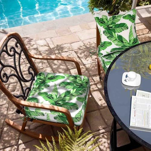 19x19x3 Inch Outdoor Square Corner Chair Cushions with Ties Set of 2, Water & Fade Resistant Thick Seat Cushion Pads for Garden Patio Dining Porch Furniture - Green Leaves White