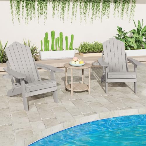 Giantex Folding Adirondack Chair, All-Weather Lounge Chair with Adjustable Backrest, Retractable Ottoman, Cup Holder, HIPS Fire Pit Chair for Lawn, Pool, Patio, Porch (2, Gray)
