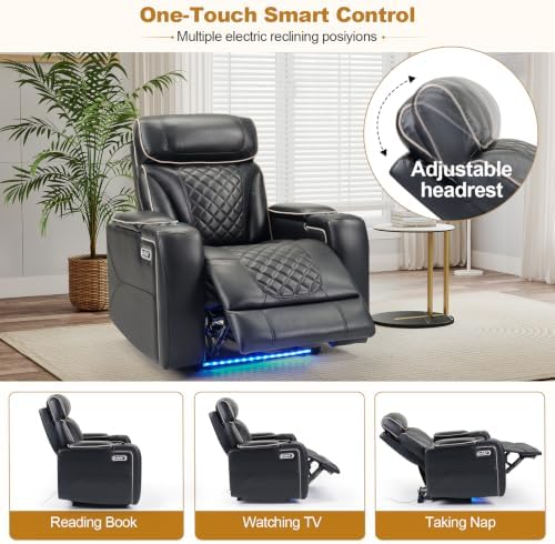 ANJ Dual Motor Power Recliner Set of 7 with Adjustable Headrest & LED Light, Faux Leather Home Theater Seating with Cup Holders & Arm Storage, Electric Reclining Chairs, Black(White Stitching)