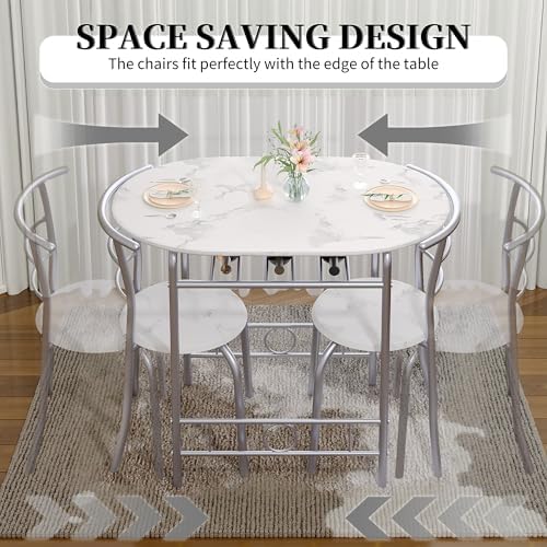 VECELO 3-Piece Dining Table Set for Kitchen Breakfast Nook, Faux Marbled Oval Tabletop and Metal Frame with Built-in Wine Rack, for Small Spaces, White & Silver