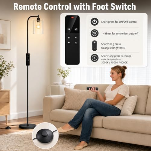 Wio-Mio Industrial Floor Lamp with Glass Shade, LED Bulbs Included