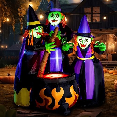 Joiedomi 6 FT Tall Halloween Inflatables Three Witch Around Cauldron with Flame Light Yard Outdoor Decoration Blow Up with Build-in LEDs for Halloween Party Indoor, Outdoor Inflatables Decorations