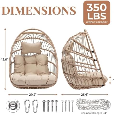 Nicesoul Outdoor Hanging Egg Chair Without Stand, Patio Wicker Swing Egg Basket Chairs with Padded Cushion, 350 Lbs Comfy Cozy Ceiling Tree Swinging Egg-Shaped Chair No Stand for Indoor Balcony, Beige