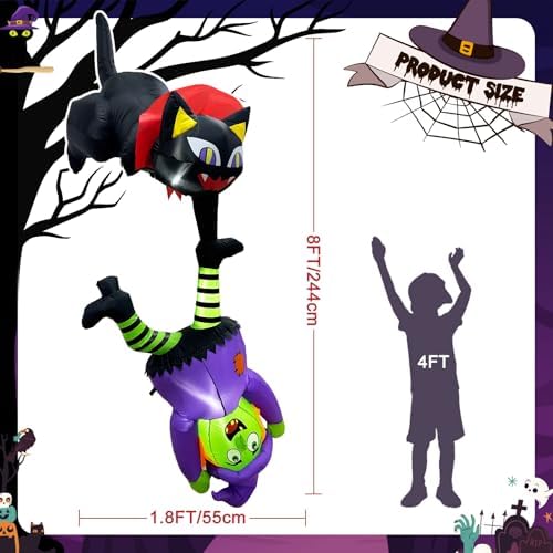8 FT Hanging Halloween Inflatables Outdoor Decorations Black Cat and Witch