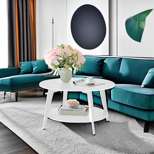 VASAGLE Round Coffee Table, 2-Tier Center Table with Storage, Tapered Legs