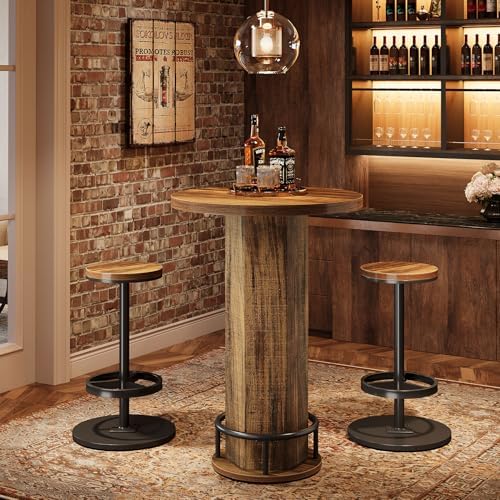 Tribesigns Round Bar Table with Chairs, Industrial Bistro Sets with 2 barstools, Pub Cocktail Table with Metal Ring Footrest for Kitchen Nook, Apartment, Small Space