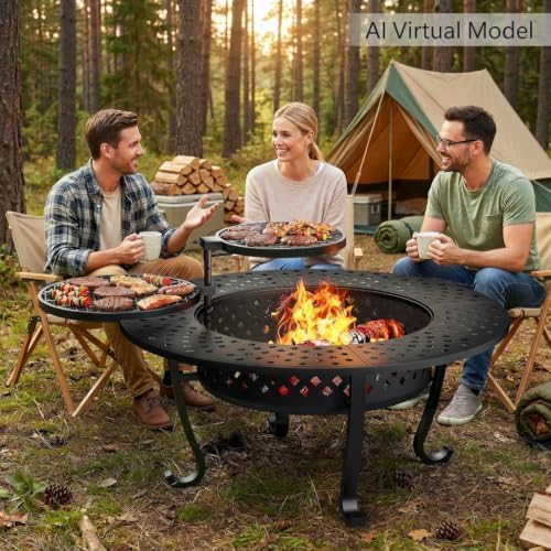 43" Fire Pit, 3 in 1 Firepit with Adjustable 2 Grills for Patio, Party
