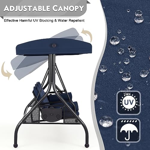 HOMREST 3 Seat Porch Swing with Adjustable Canopy, Patio Swing with Stand