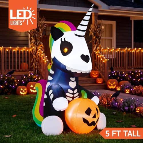 Joiedomi 5 FT Halloween Inflatable Sitting Skeleton Unicorn with LED Lights, Blow Up Outdoor Decoration for Yard, Garden, Lawn, Haunted House Halloween Party Outside Decor