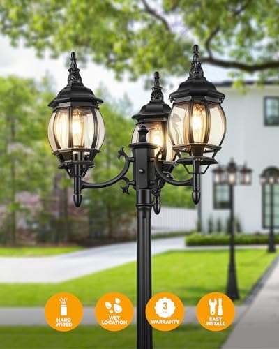 VIANIS 3-Head Dusk to Dawn Outdoor Lamp Post Light with Outlet, Anti-Rust