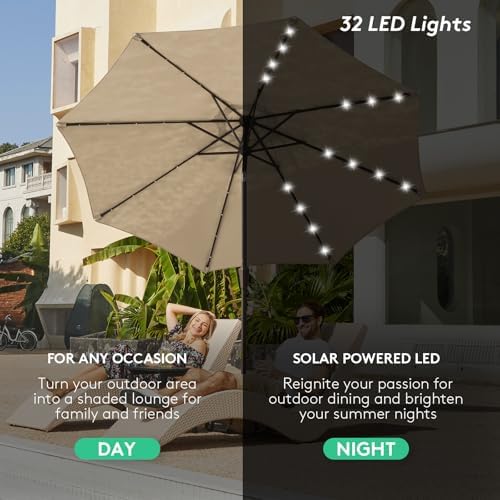 JEAREY 9' Patio Umbrella with Solar Lights, LED Umbrella, Beige