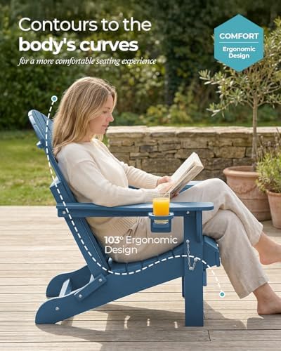 Ciokea Folding Adirondack Chair HDPE All-Weather Patio, Navy Blue